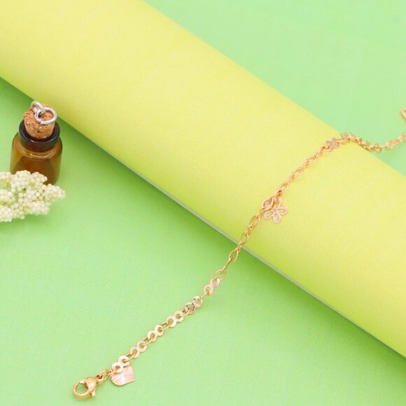 "Rose Gold Charm Anklet with Floral, Leaf & Square Link Accents, XPAL1045 - Picture 7 of 12